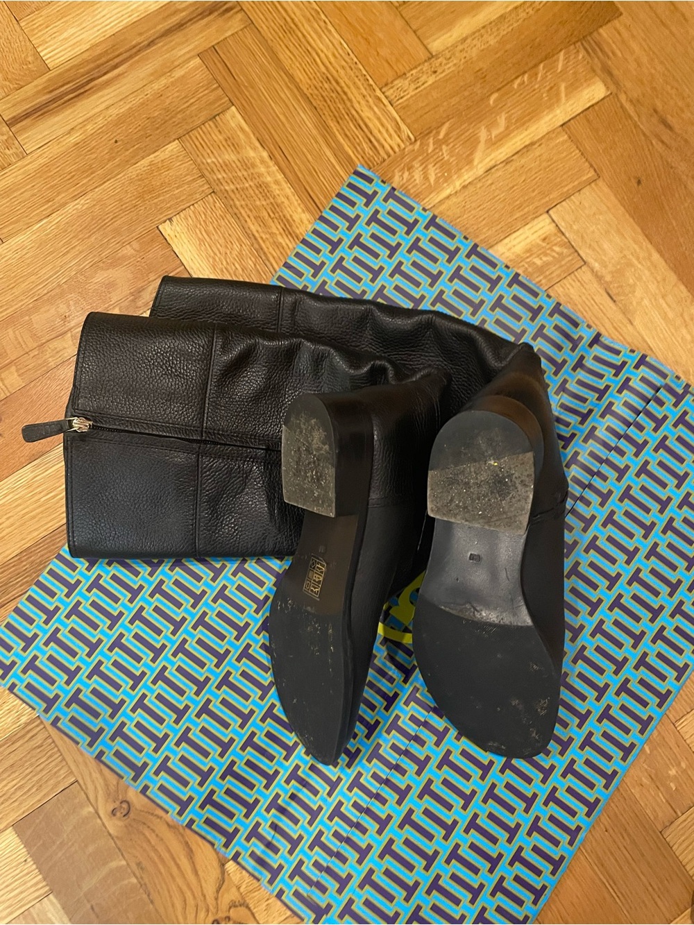 TORY BURCH~Pebbled Leather Logo Zip Black Riding Boots - Picture 7 of 13